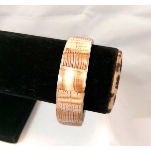Vtg inlay Block Shell Bangle Bracelet Philippines Brown Cream Silver Tone Metal - Picture 3 of 11